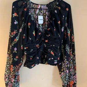 Free People Long Sleeve Black Floral Print Top